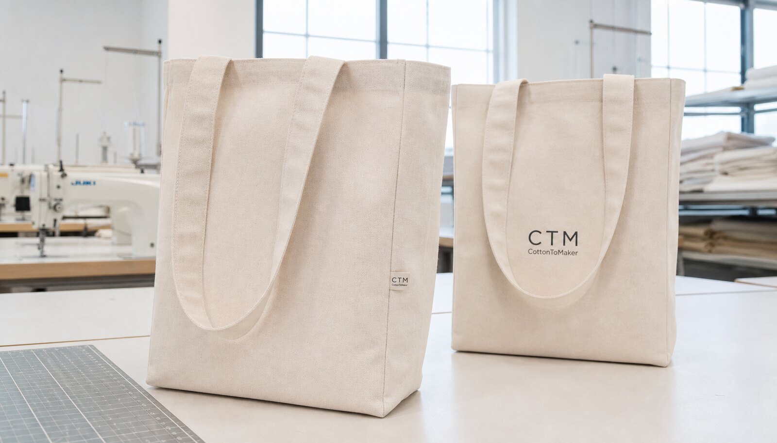 Natural canvas library tote bags with CTM/CottonToMaker sample branding in a clean factory sample room