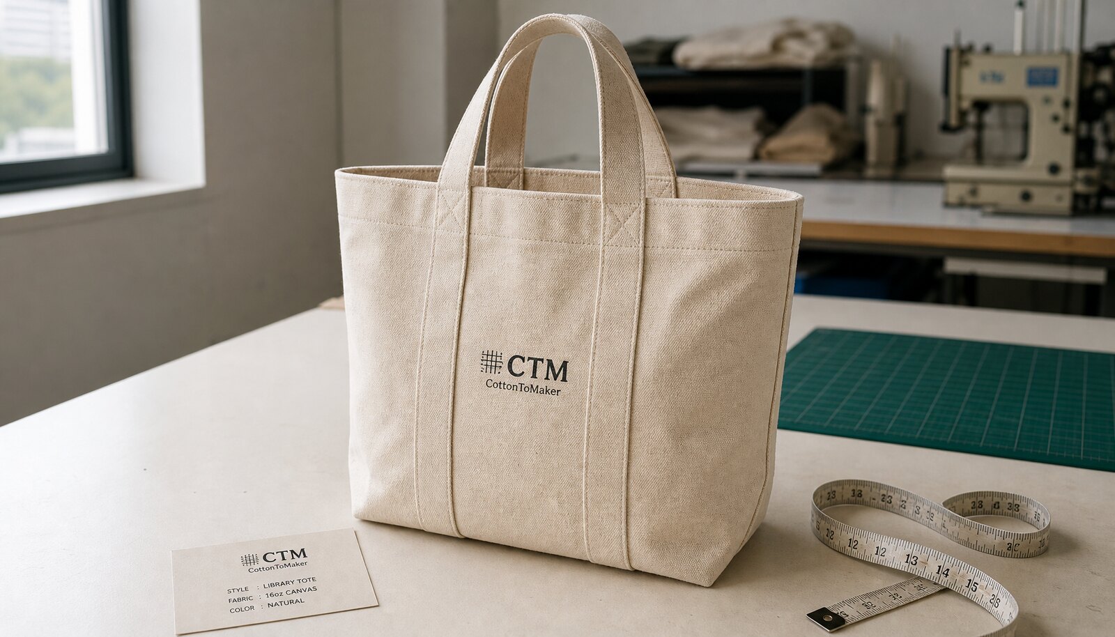 Photorealistic canvas library tote bag sample with a small CTM/CottonToMaker logo printed directly on the bag in a factory sample room.