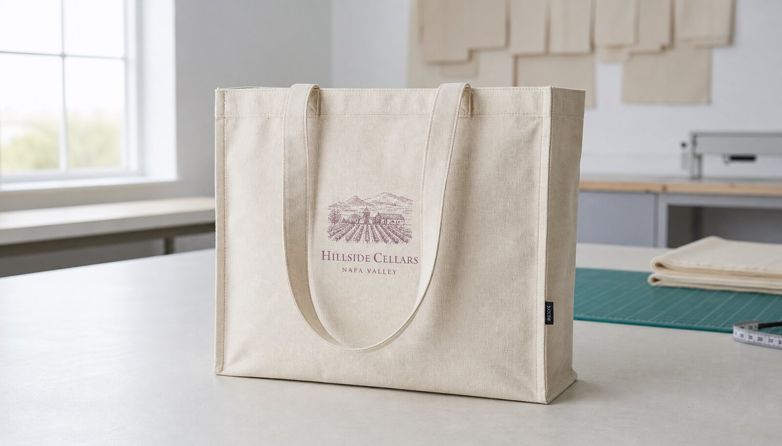 Photorealistic canvas tote sample with a small CTM woven side label in a factory sample room.