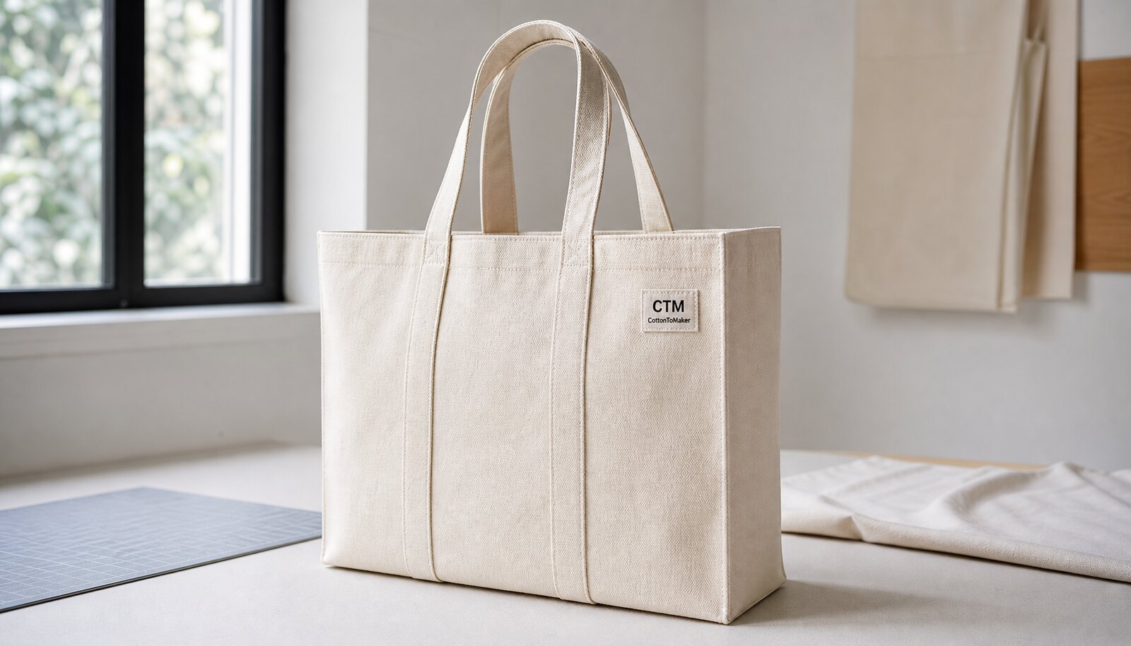 Photorealistic canvas library tote bag sample in a factory room with a small CTM CottonToMaker side label.