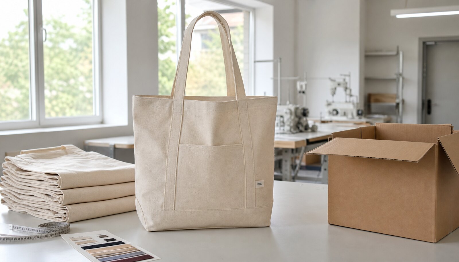 Natural canvas library tote bag with a simple CTM/CottonToMaker side label in a clean factory sample room