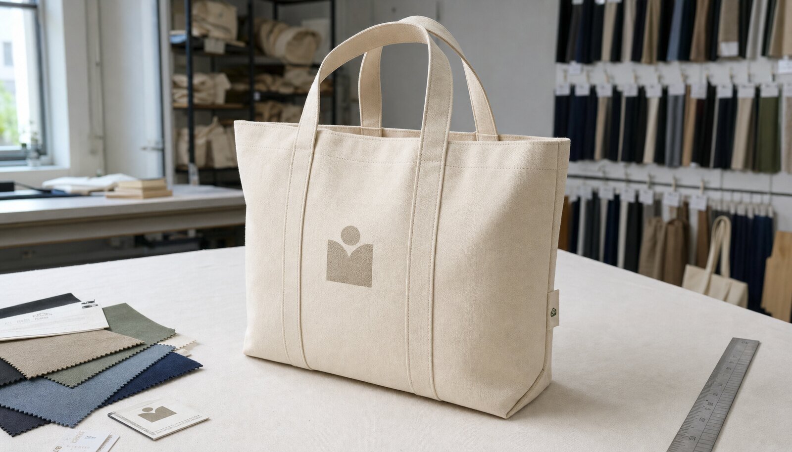 Natural canvas library tote bag with a small woven side label in a clean sample room