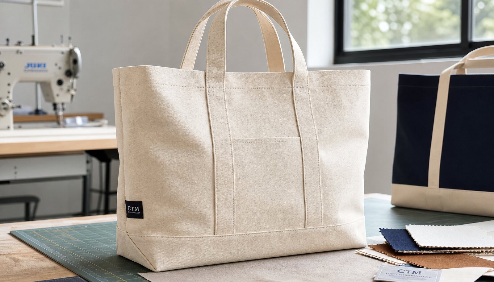 Canvas library tote bag with a simple CottonToMaker sample logo in a clean factory sample room.