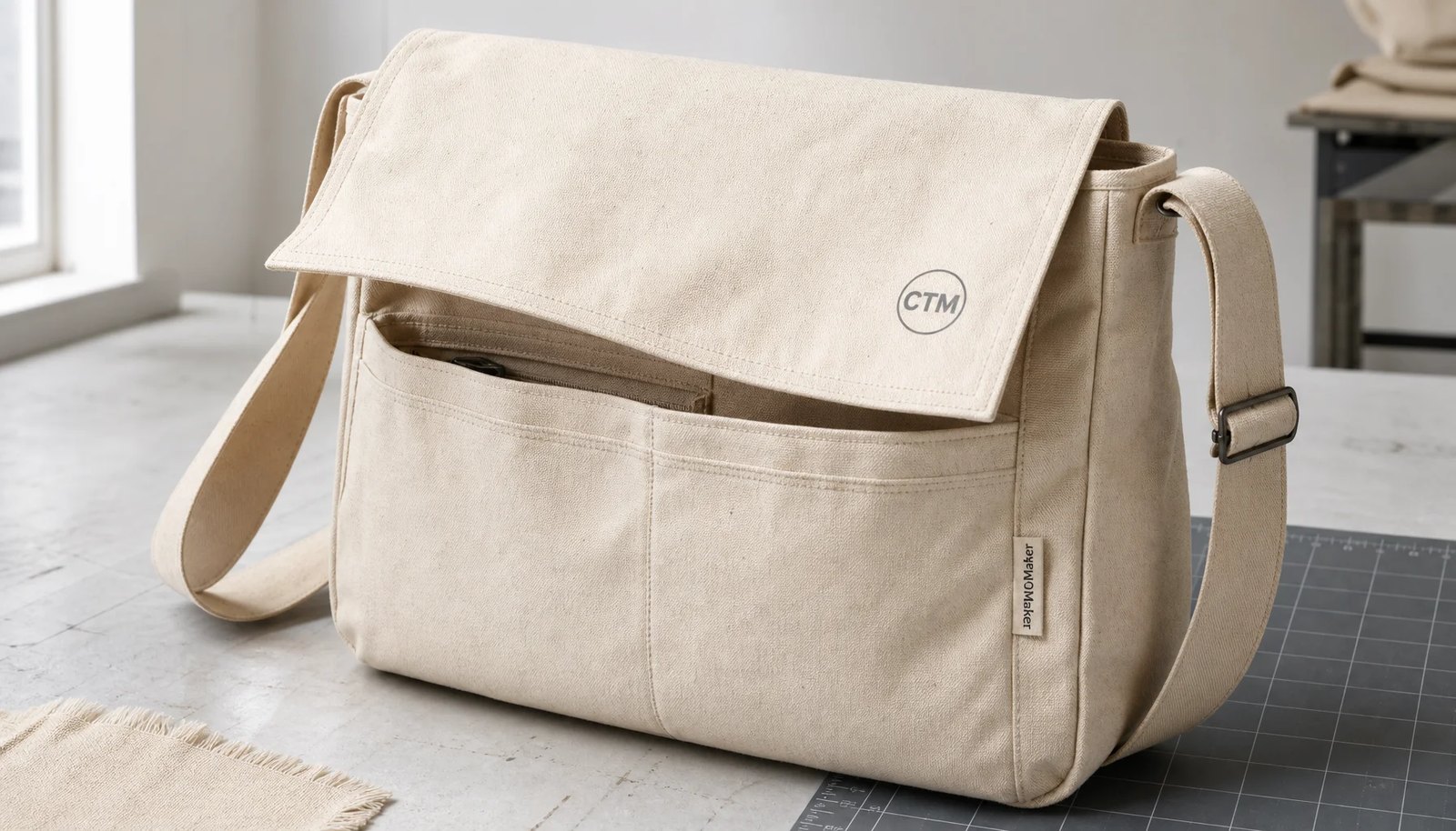 Natural canvas messenger bag sample with CTM logo, reinforced stitching, shoulder strap, and woven CottonToMaker side label