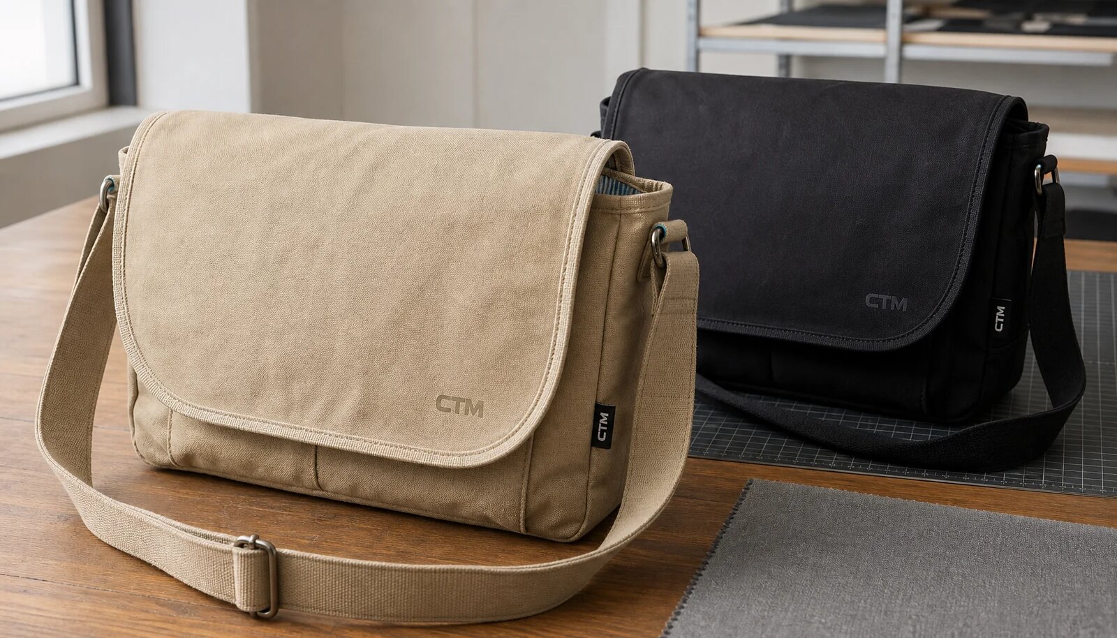 Canvas messenger bag samples in a factory sample room with a sewn CTM side label and printed logo on the flap