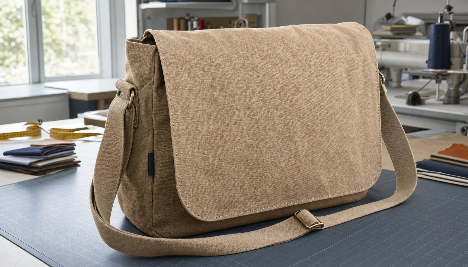 Photorealistic canvas messenger bag sample with a stitched CTM side label in a factory sample room