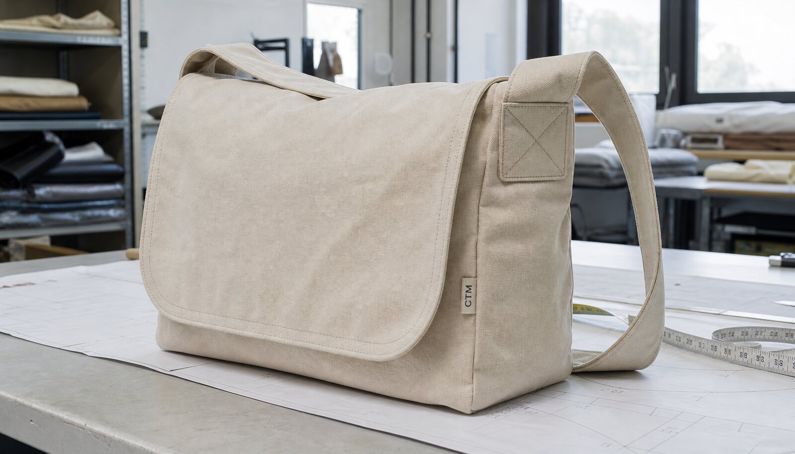 Photorealistic canvas messenger bag sample with visible handle seam reinforcement and a CottonToMaker woven side label in a factory sample room.