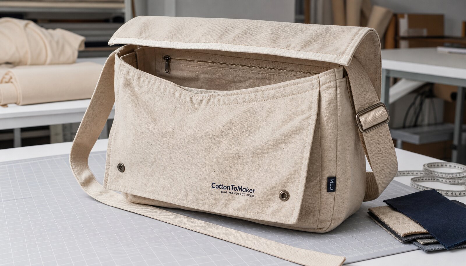 Natural canvas messenger bag with CTM woven label and CottonToMaker logo sample for inspection
