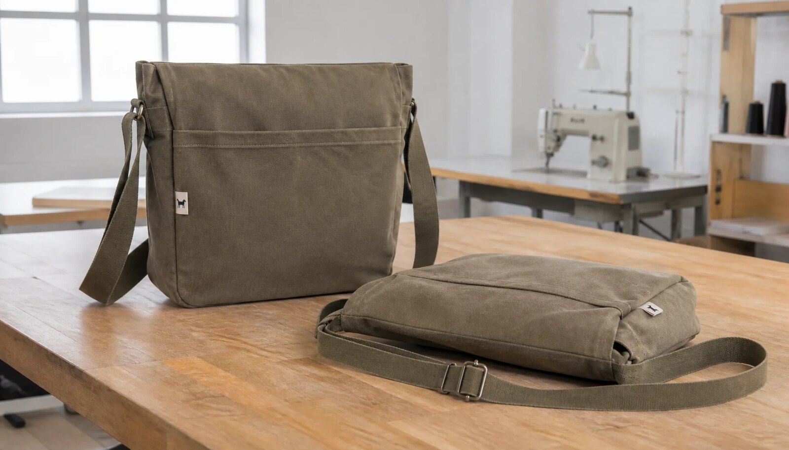Photorealistic canvas messenger bag with a simple CottonToMaker sample logo in a factory sample room