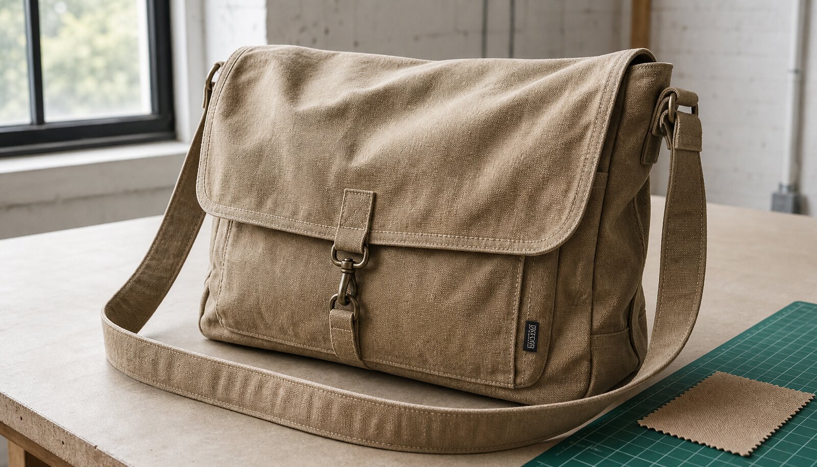 Canvas messenger bag sample with a simple CTM/CottonToMaker logo shown in a clean factory sample room