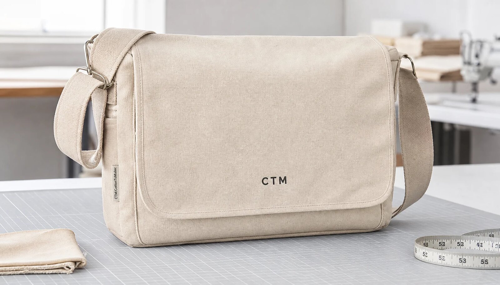 Natural canvas messenger bag with a CTM sample logo on the front in a clean factory sample room