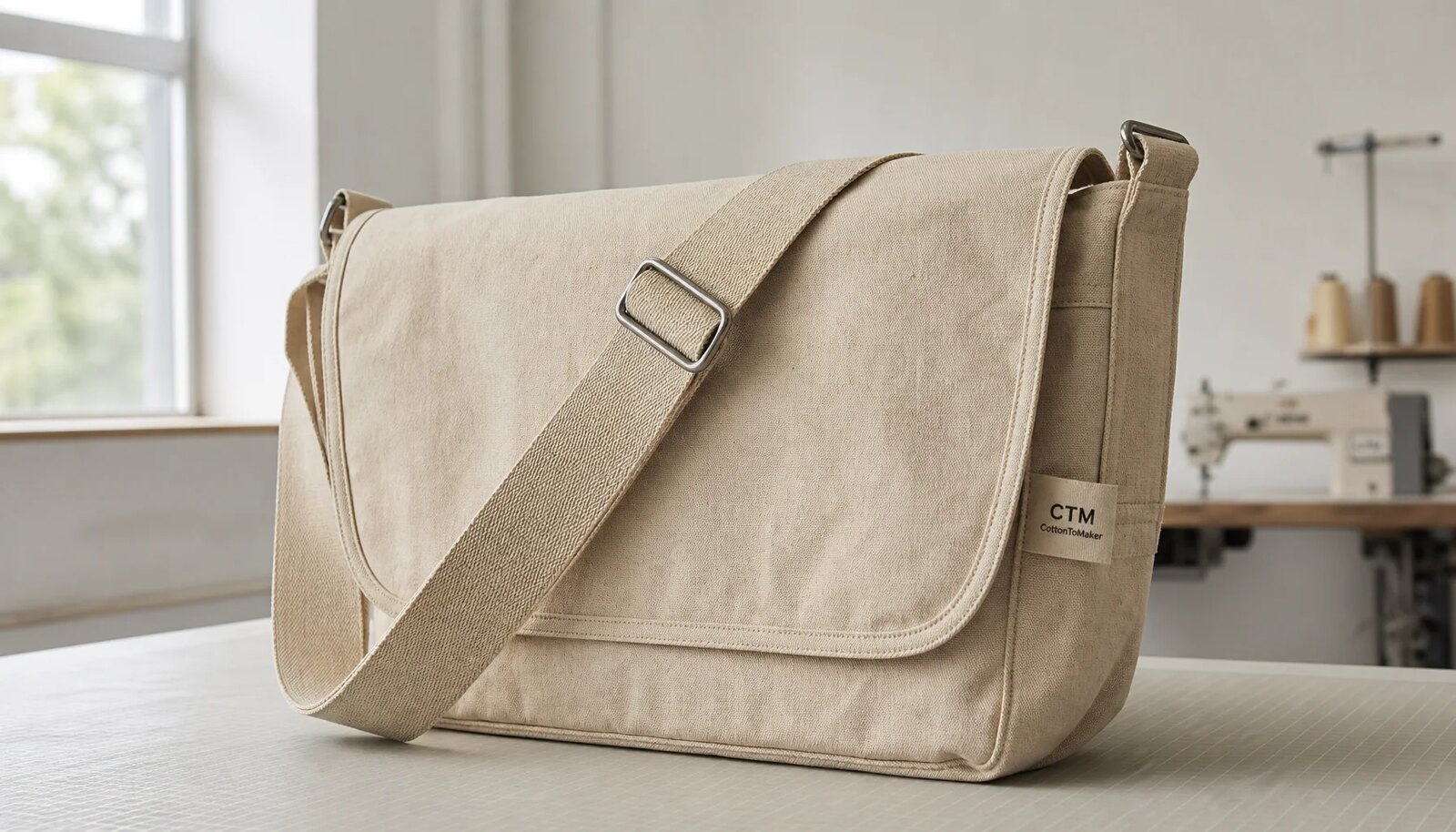 Canvas messenger bag sample with CTM branding shown in a clean factory sample room