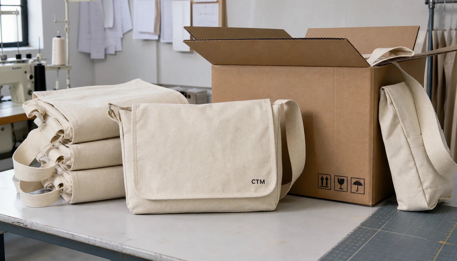 Canvas messenger bags with CTM logo packed beside an export carton for craft fair shipment planning