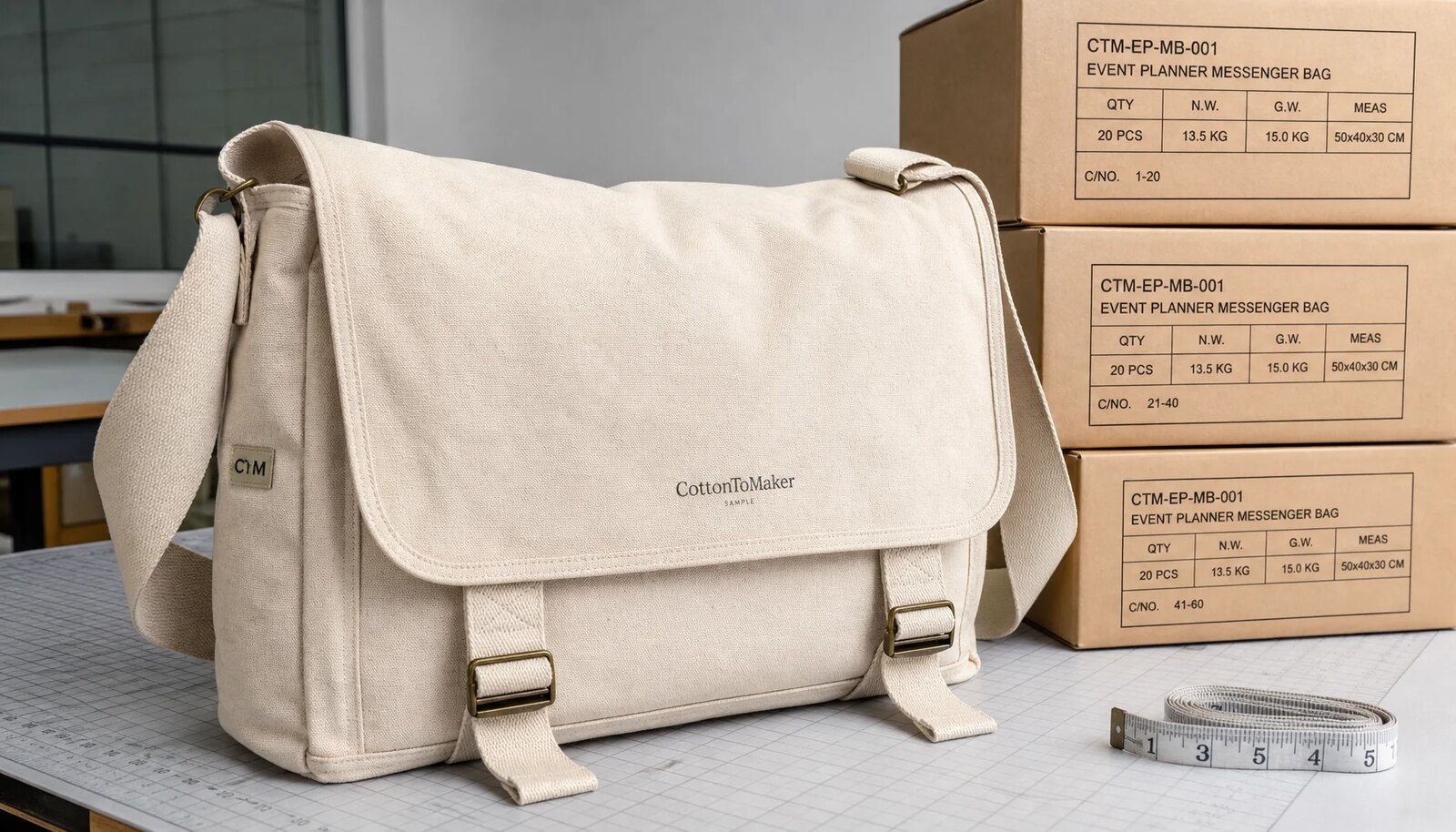 Canvas messenger bag with a CTM sample logo in a factory sample room beside export cartons