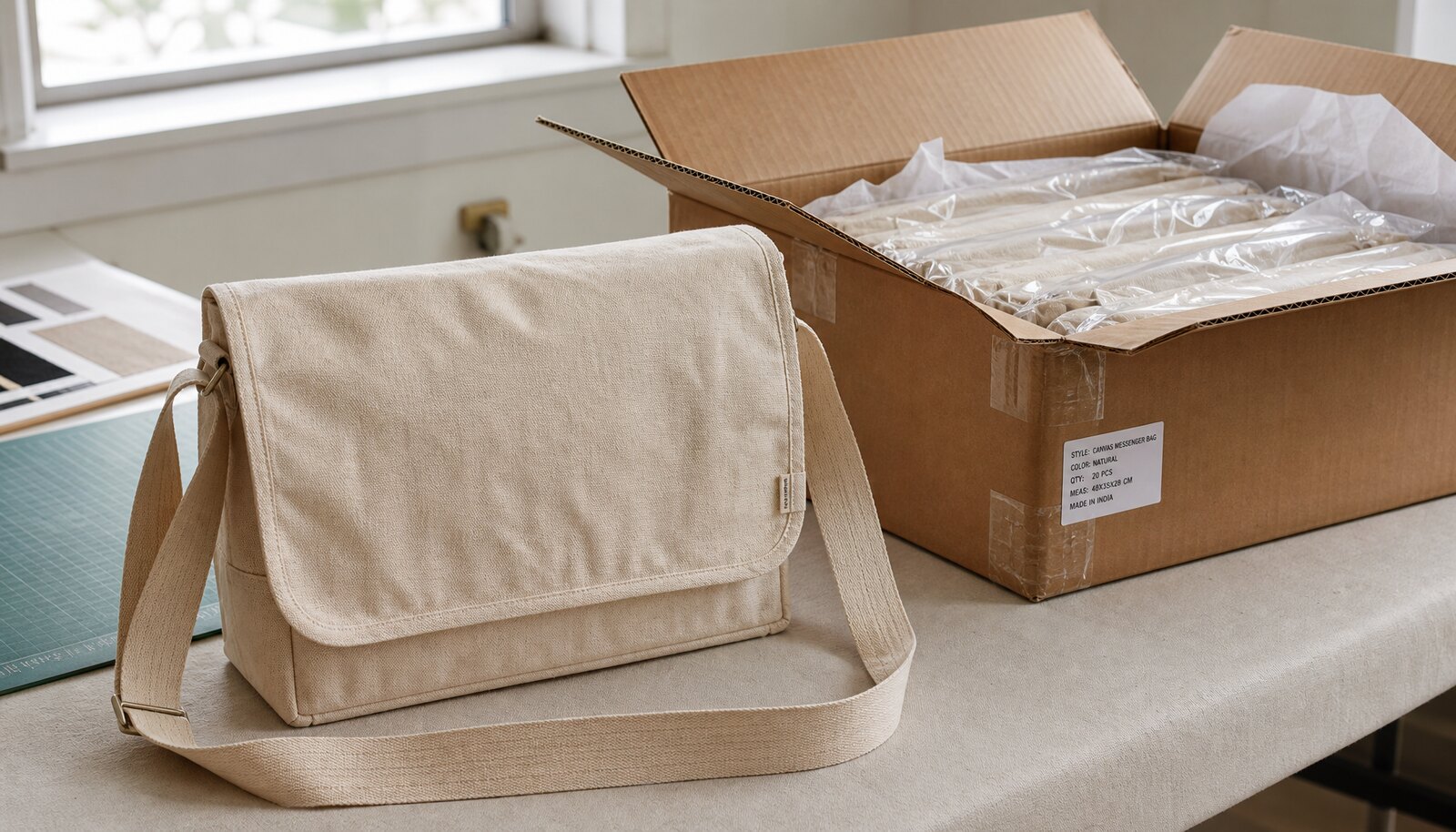 Canvas messenger bag with a simple CTM side label shown in a clean factory sample room next to a packed export carton