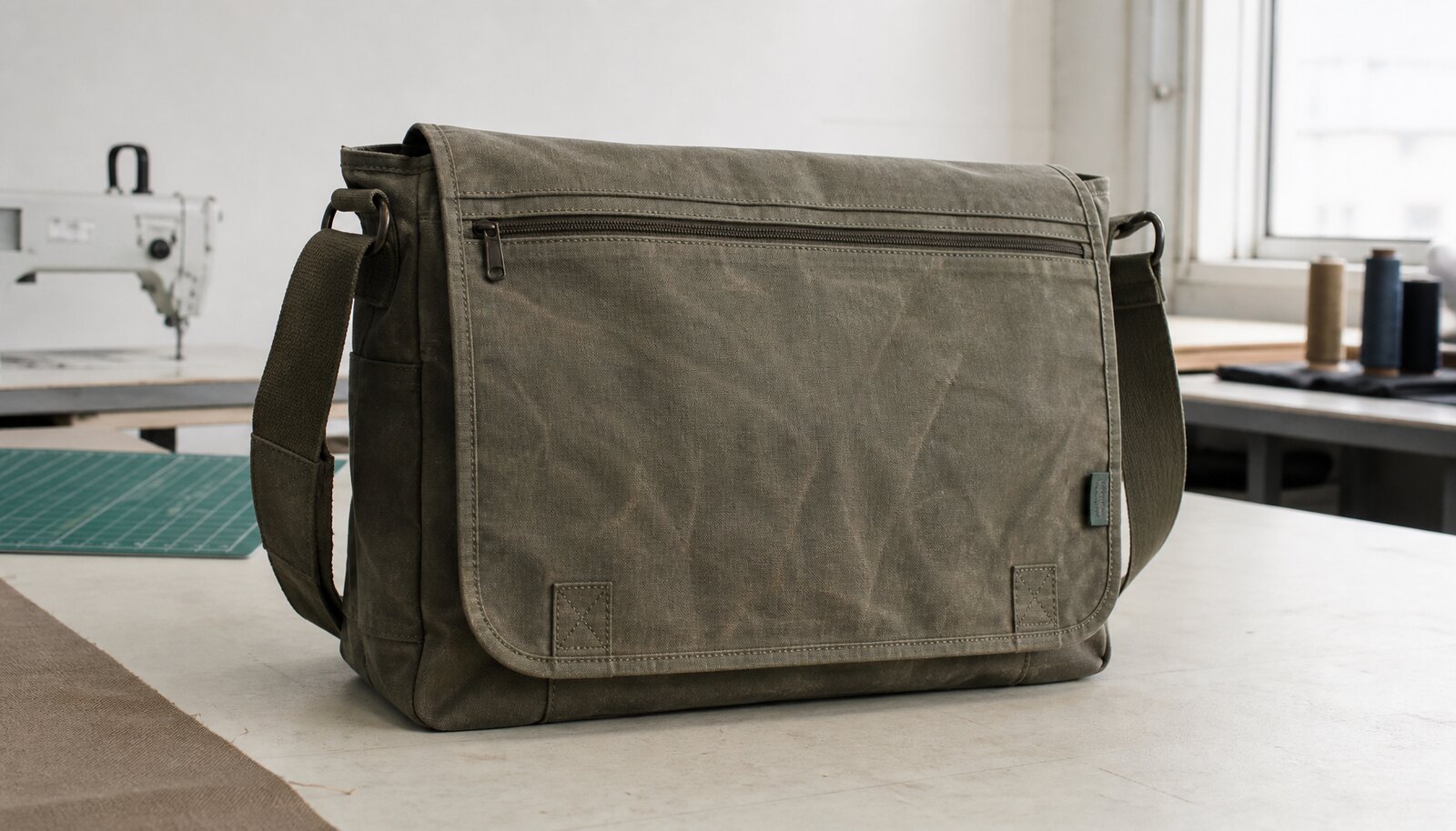 Canvas messenger bag with a sewn CTM/CottonToMaker side label shown in a clean factory sample room