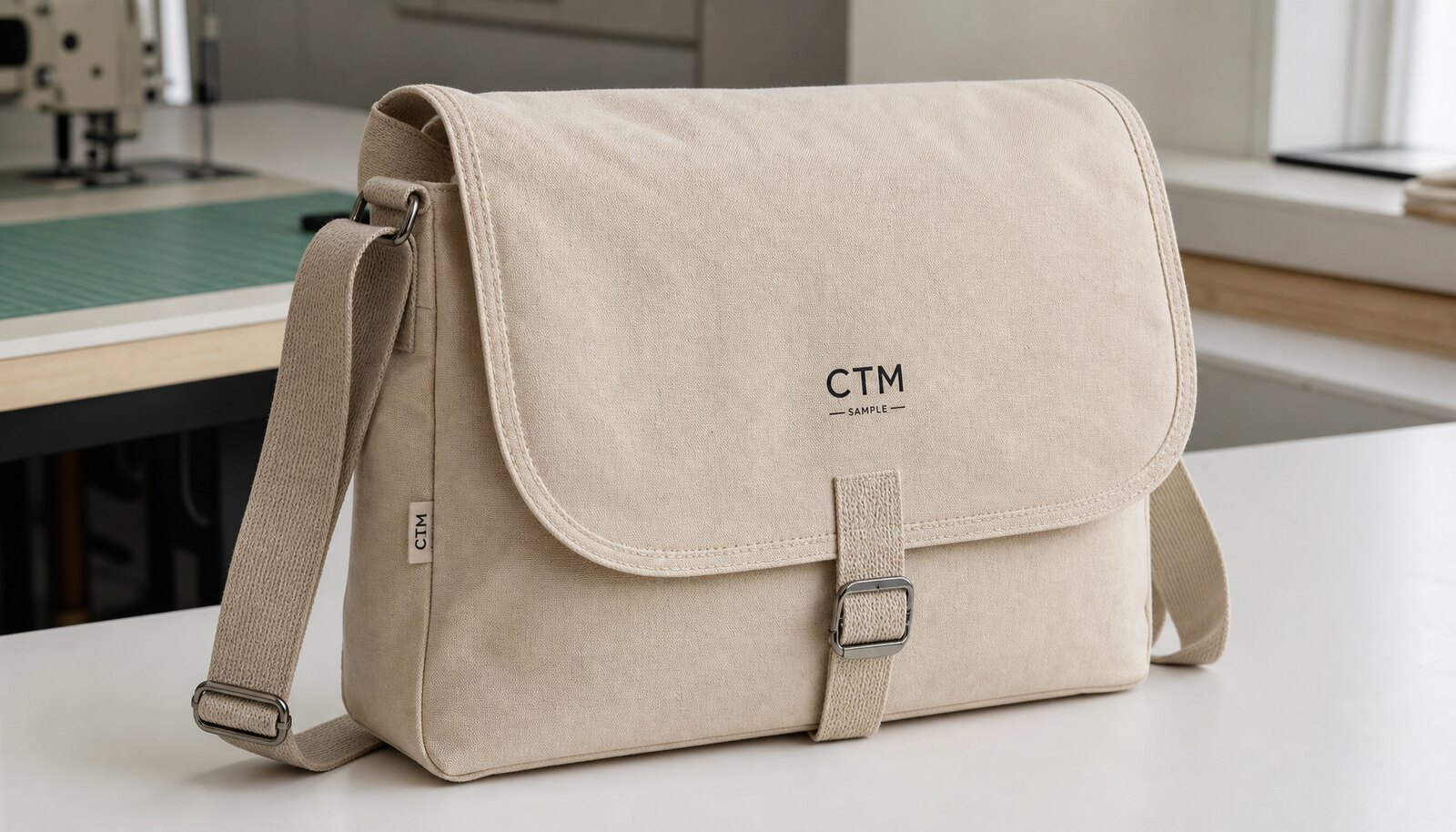 Canvas messenger bag sample with a simple CTM logo printed on the front flap in a clean factory sample room.