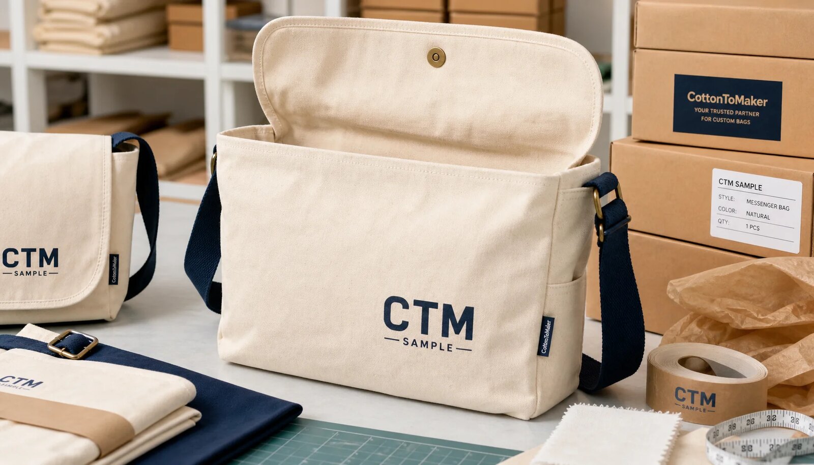 Natural canvas messenger bag sample with CTM logo, shoulder strap, flap closure, and carton packing materials in a factory sample room