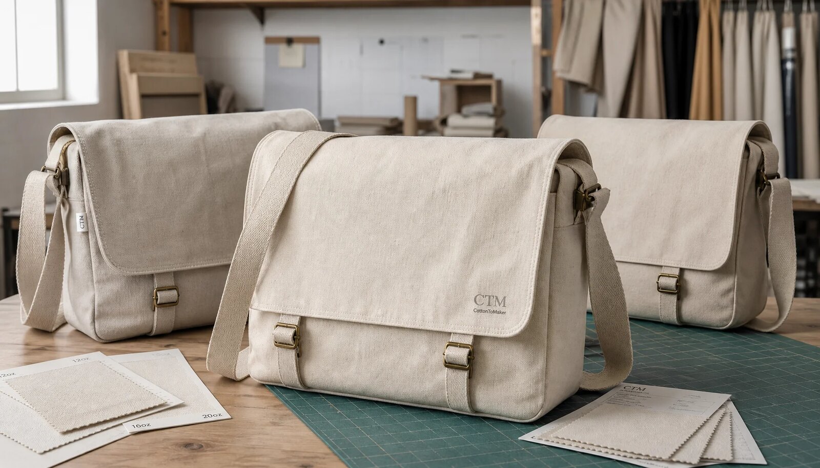 Canvas messenger bag samples with CTM logo in a factory sample room
