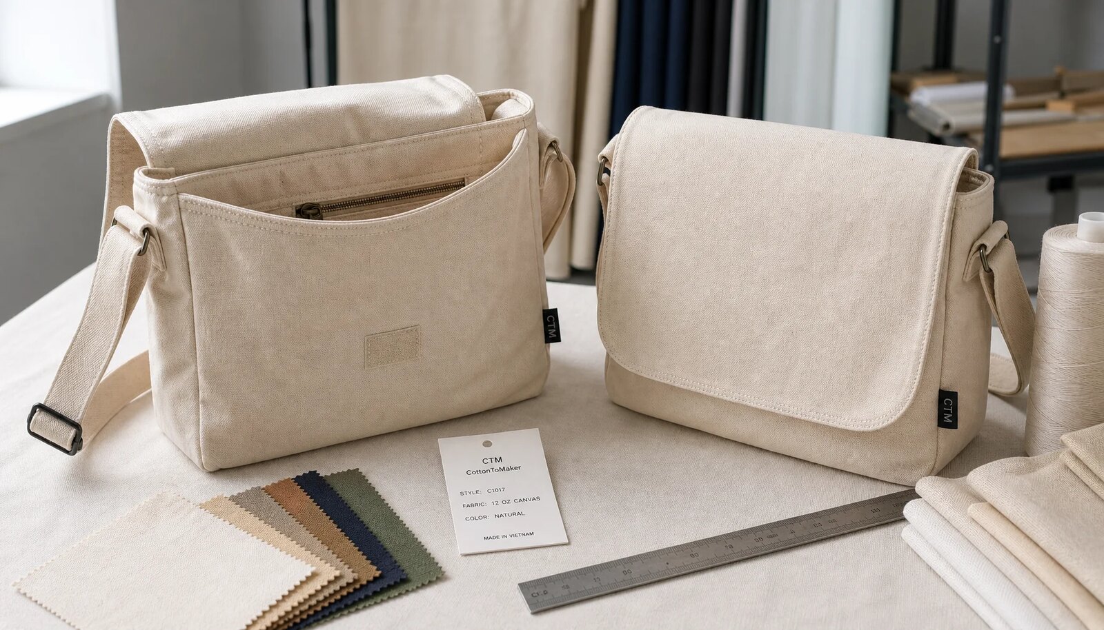 Natural canvas messenger bag sample with CTM CottonToMaker woven side label in a clean studio sample room