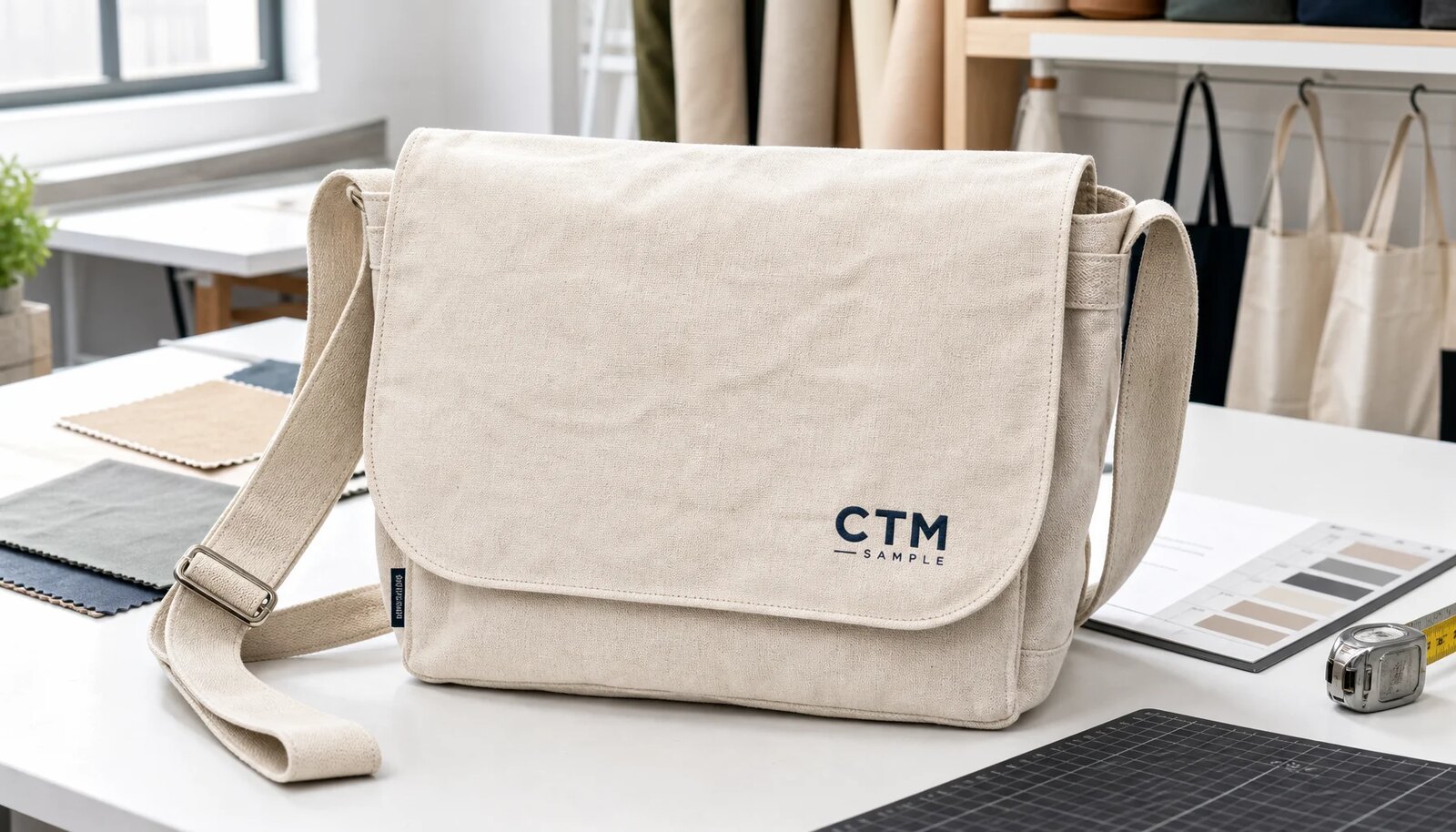 Natural canvas messenger bag with CTM sample logo printed on front flap in a clean studio sample room