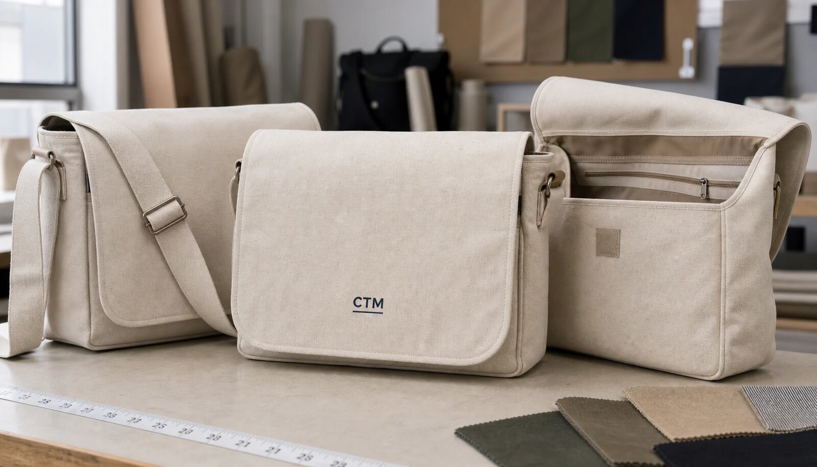 Natural canvas messenger bag sample with CTM logo, adjustable strap, zipper pocket, and fabric swatches in a factory sample room