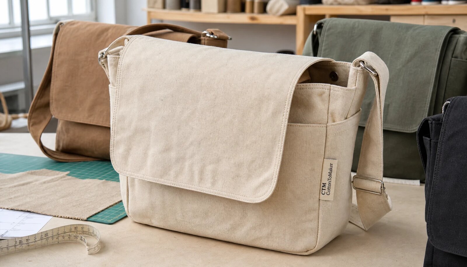Natural canvas messenger bag sample with CTM CottonToMaker woven side label in a factory sample room