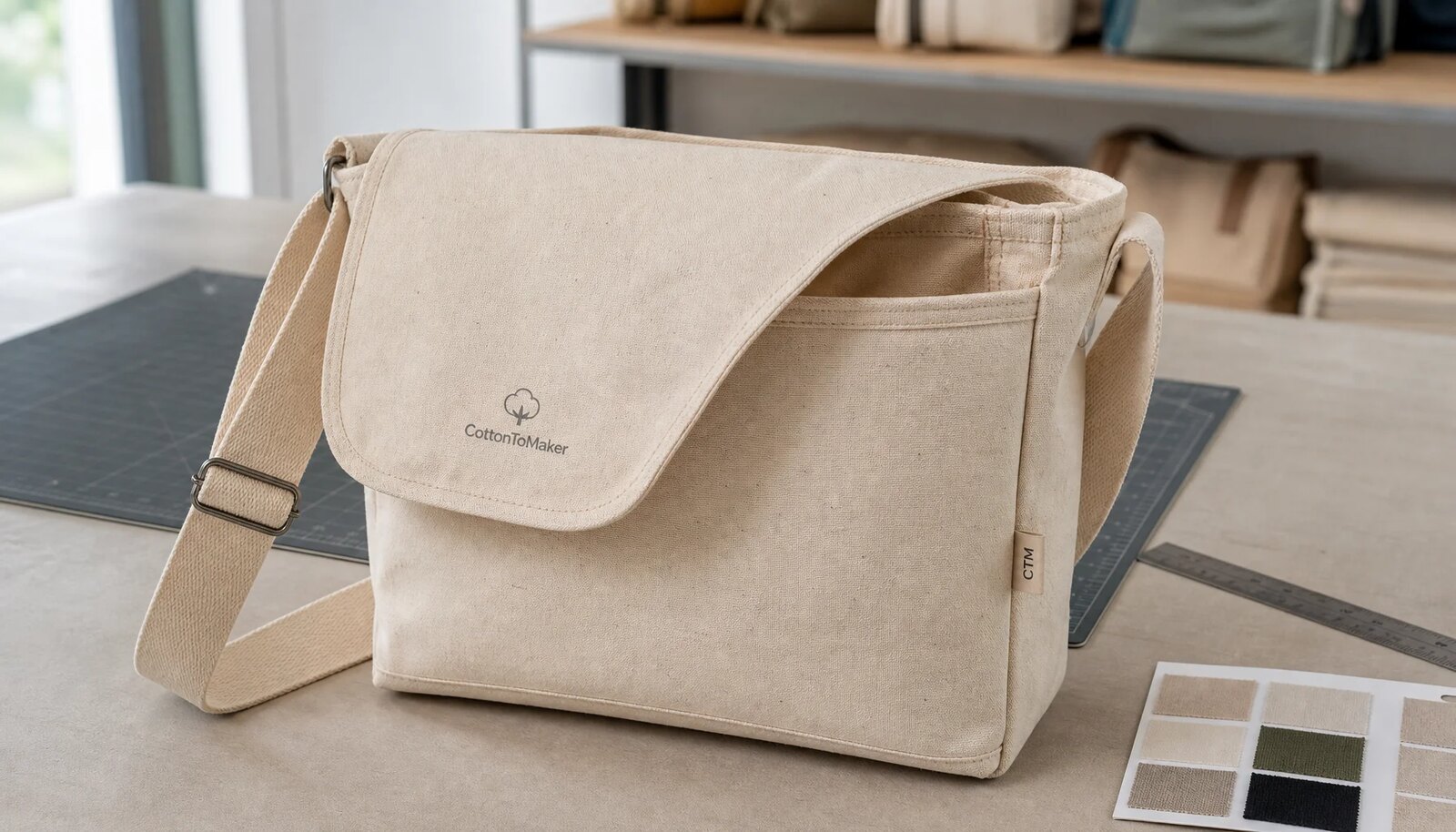 Natural canvas messenger bag sample with CTM side label and CottonToMaker logo in a clean sample room