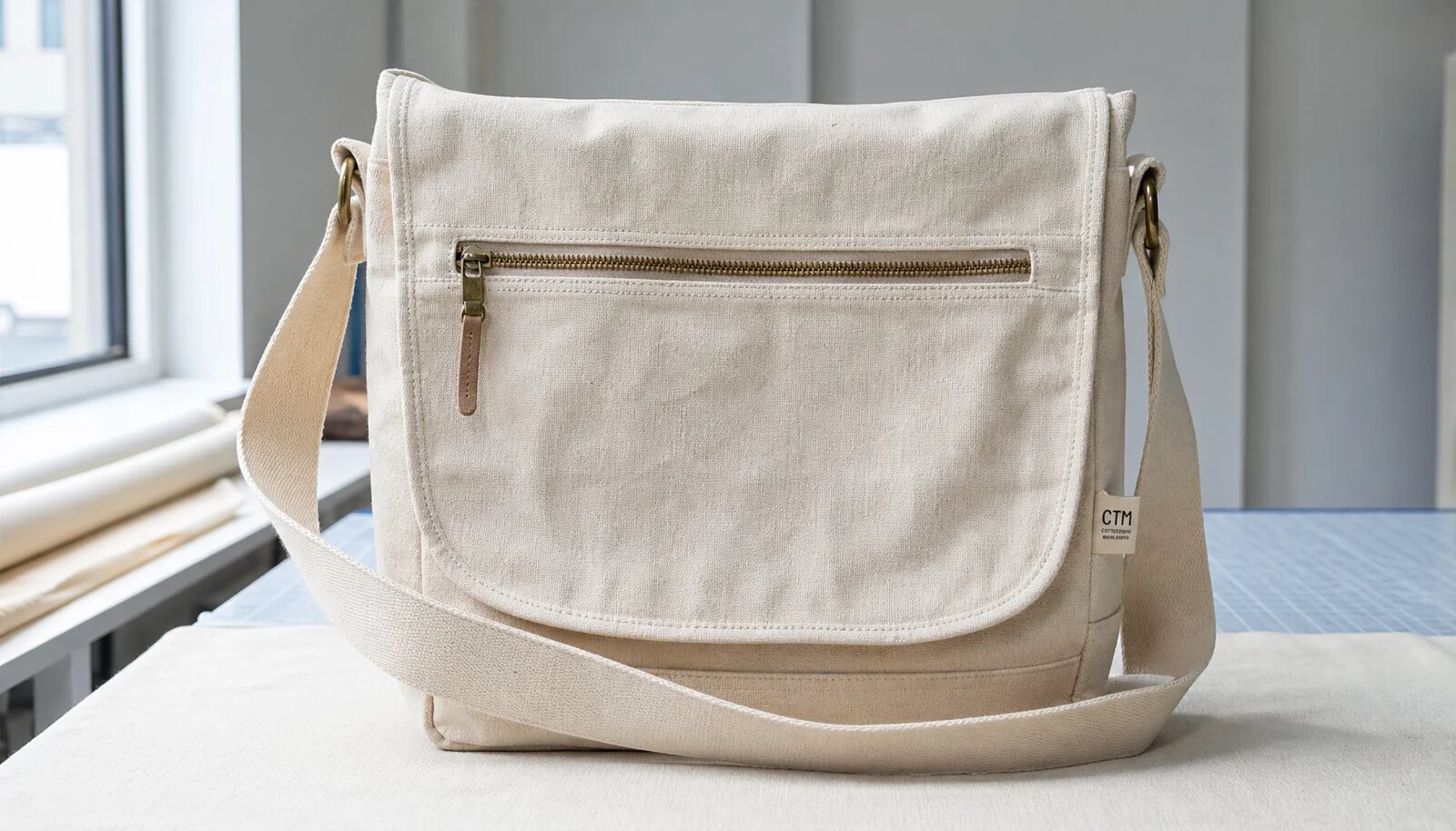 Canvas messenger bag sample with a CTM logo in a factory sample room