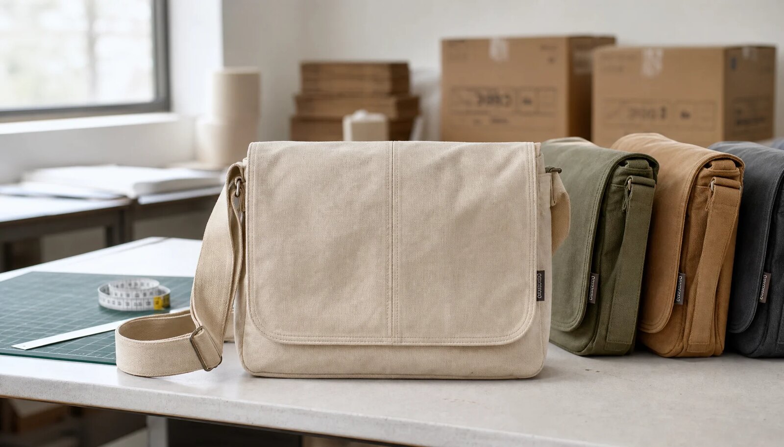 Natural canvas messenger bags with a simple CTM/CottonToMaker side label in a clean factory sample room