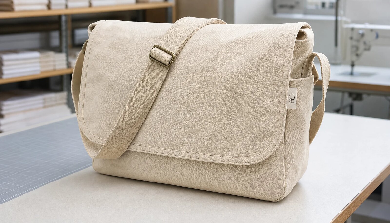 Natural canvas messenger bag with a small CTM side label shown in a clean factory sample room