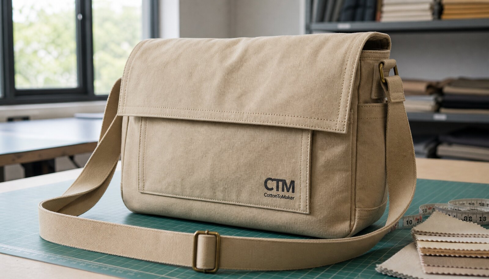 Canvas messenger bag sample with CTM logo printed on the front, shown in a clean factory sample room