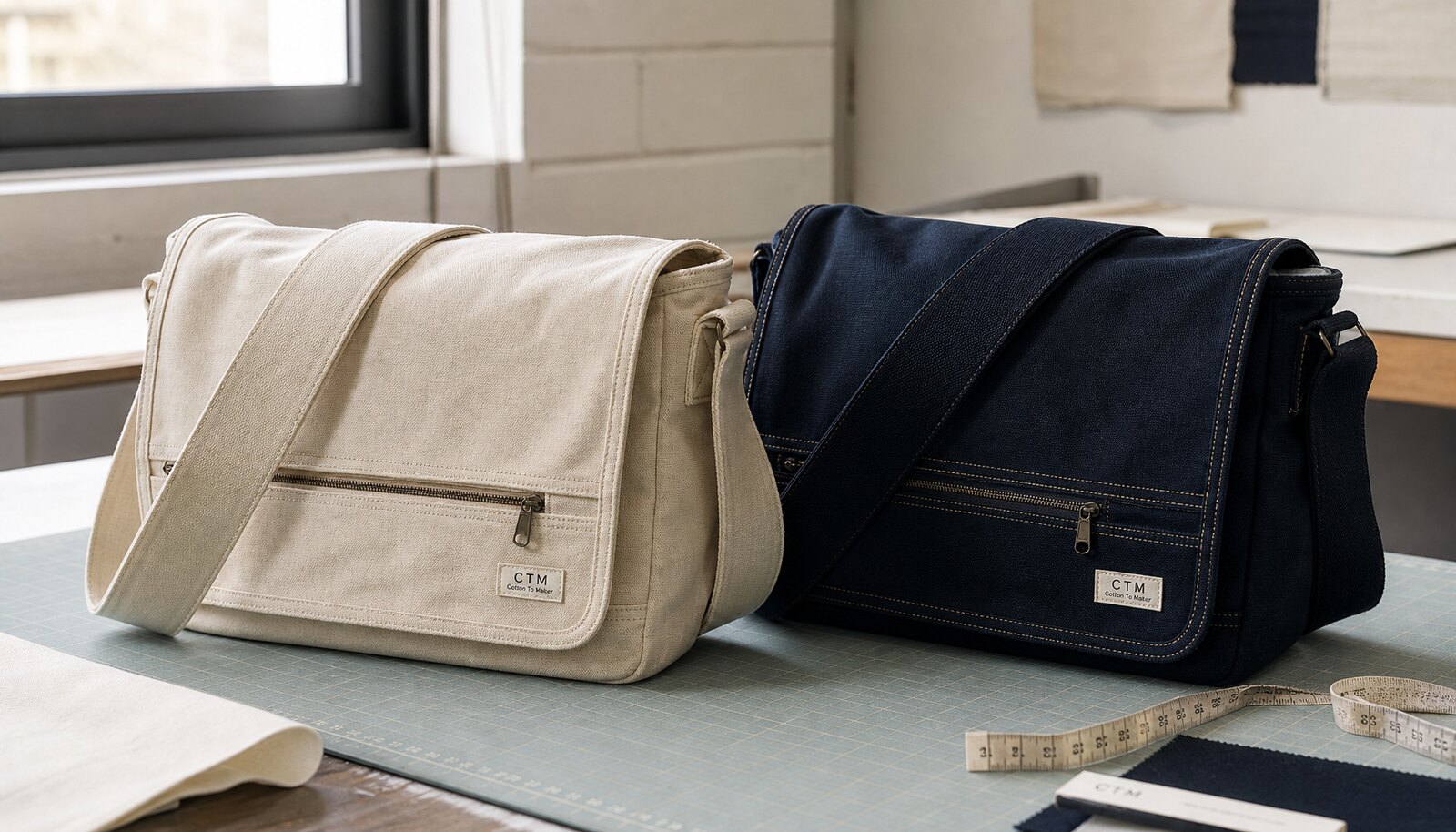 Photorealistic canvas messenger bags with a small CottonToMaker sample label in a factory sample room.