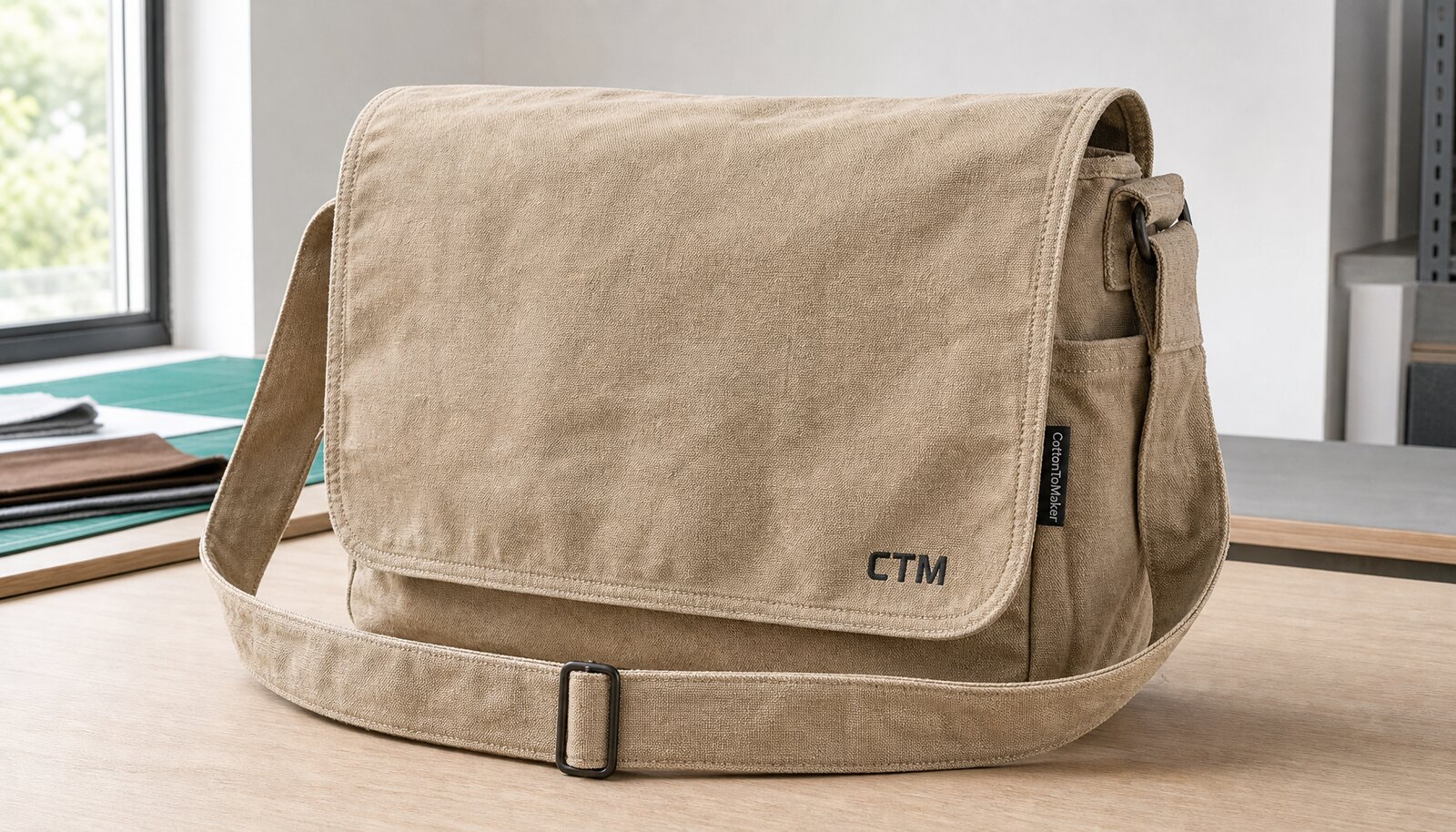 Canvas messenger bag sample with a small CTM logo printed directly on the bag in a factory sample room