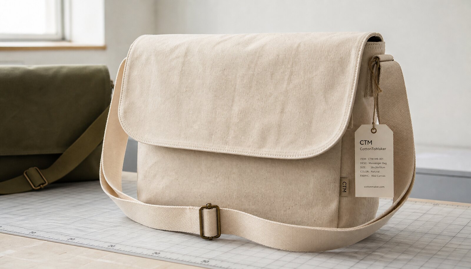 Photorealistic canvas messenger bag sample with a CottonToMaker side label in a factory sample room