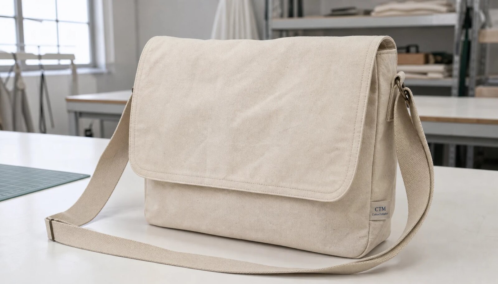 Natural canvas messenger bag with a CTM/CottonToMaker woven side label in a clean factory sample room