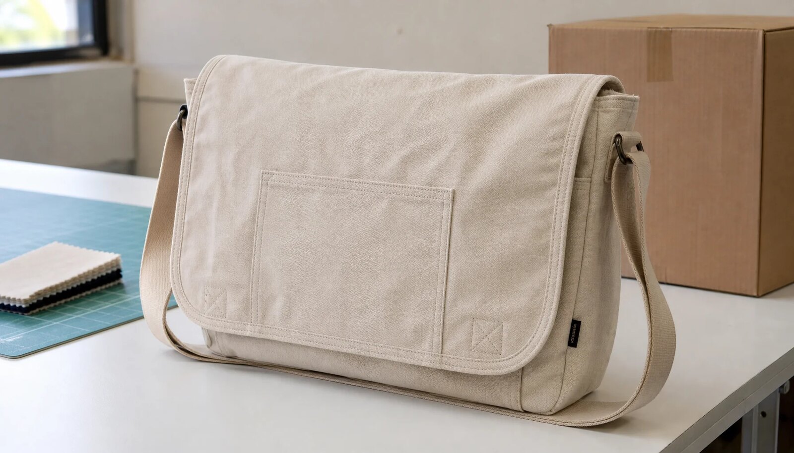 Natural canvas messenger bag with CTM sample logo and export carton context