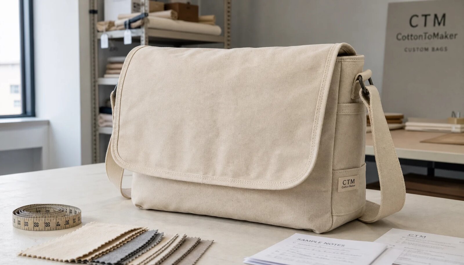 Canvas messenger bag sample with a simple CTM/CottonToMaker logo in a clean factory sample room