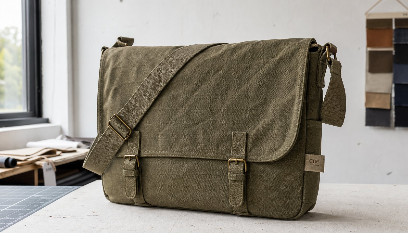 Canvas messenger bag sample with a CTM CottonToMaker logo in a clean factory sample room