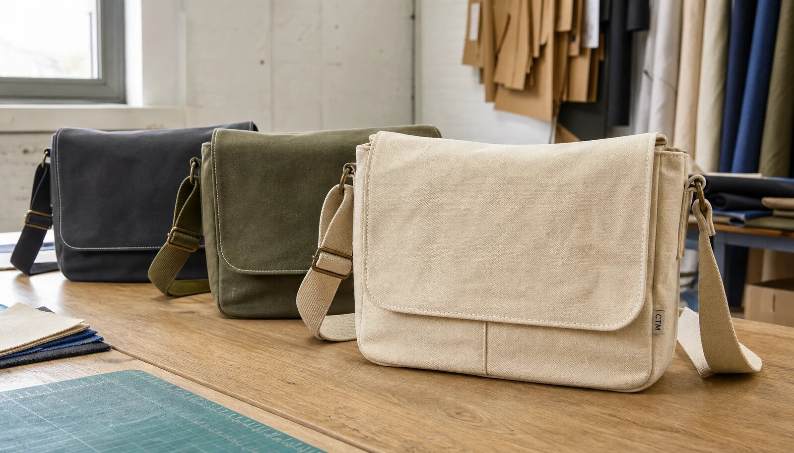 Photorealistic canvas messenger bags in a factory sample room with a sewn CTM side label and visible stitching.