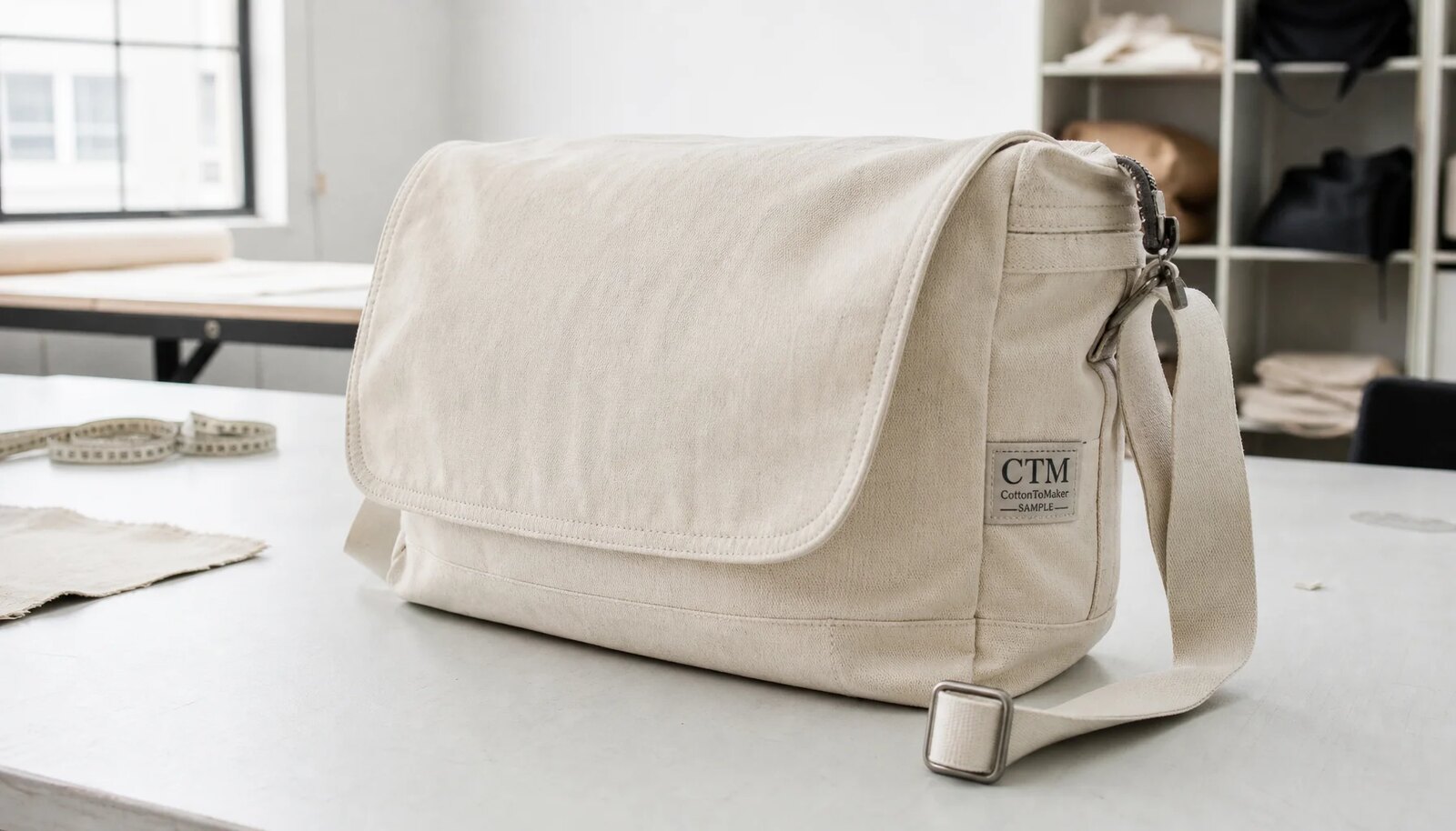 Photorealistic canvas messenger bag with a CTM / CottonToMaker sample label in a factory sample room.