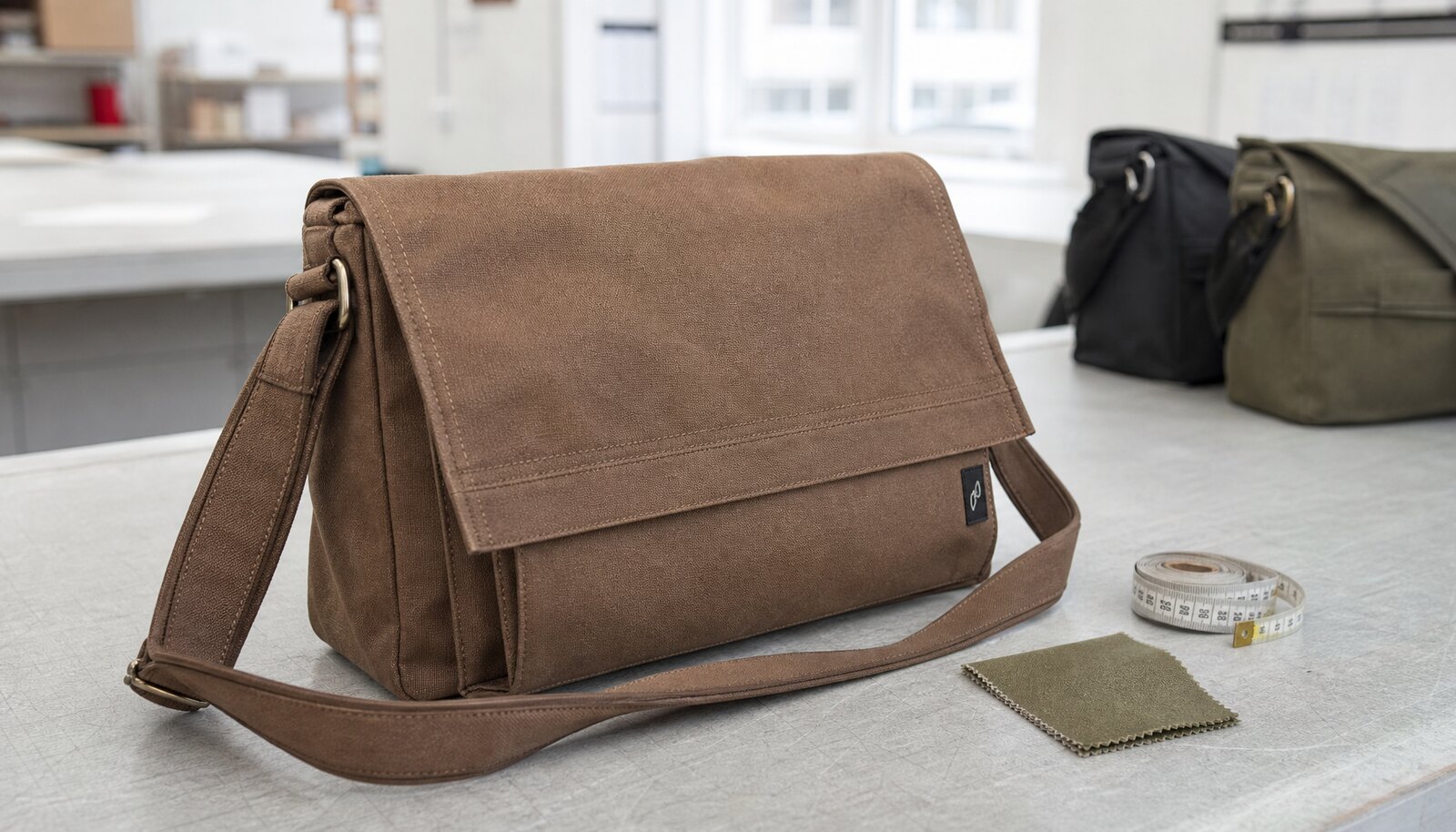 Canvas messenger bag sample with sewn CTM logo in a factory sample room