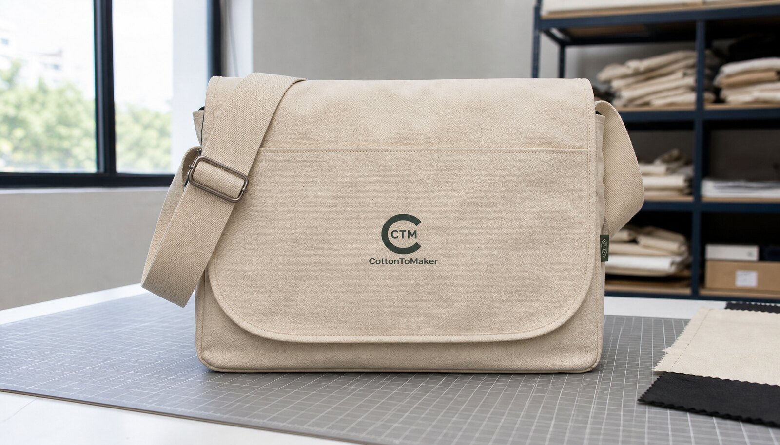Canvas messenger bag with a simple CTM sample logo printed on the front panel in a factory sample room