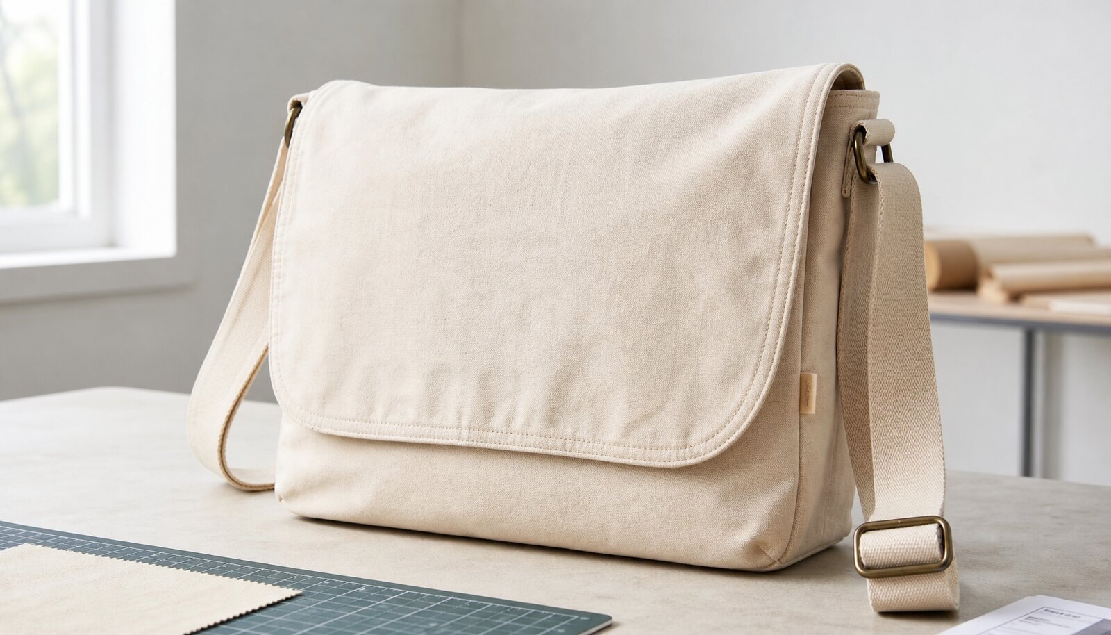 Natural canvas messenger bag with a small CTM/CottonToMaker sewn side label in a clean factory sample room