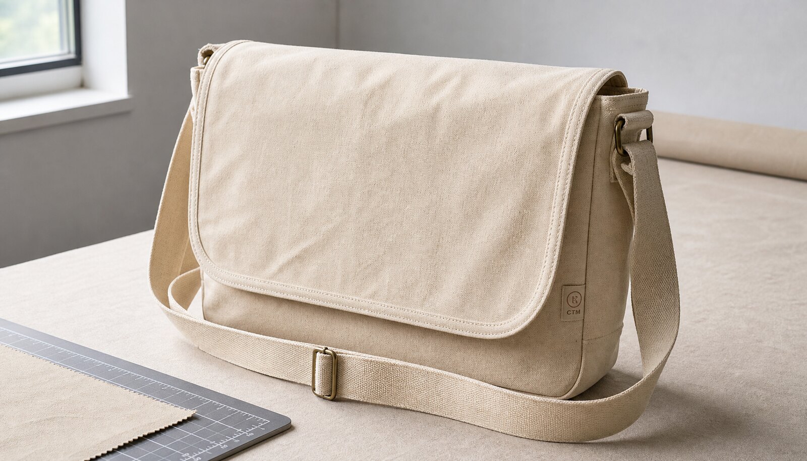 Natural canvas messenger bag with a simple CTM/CottonToMaker side label in a factory sample room