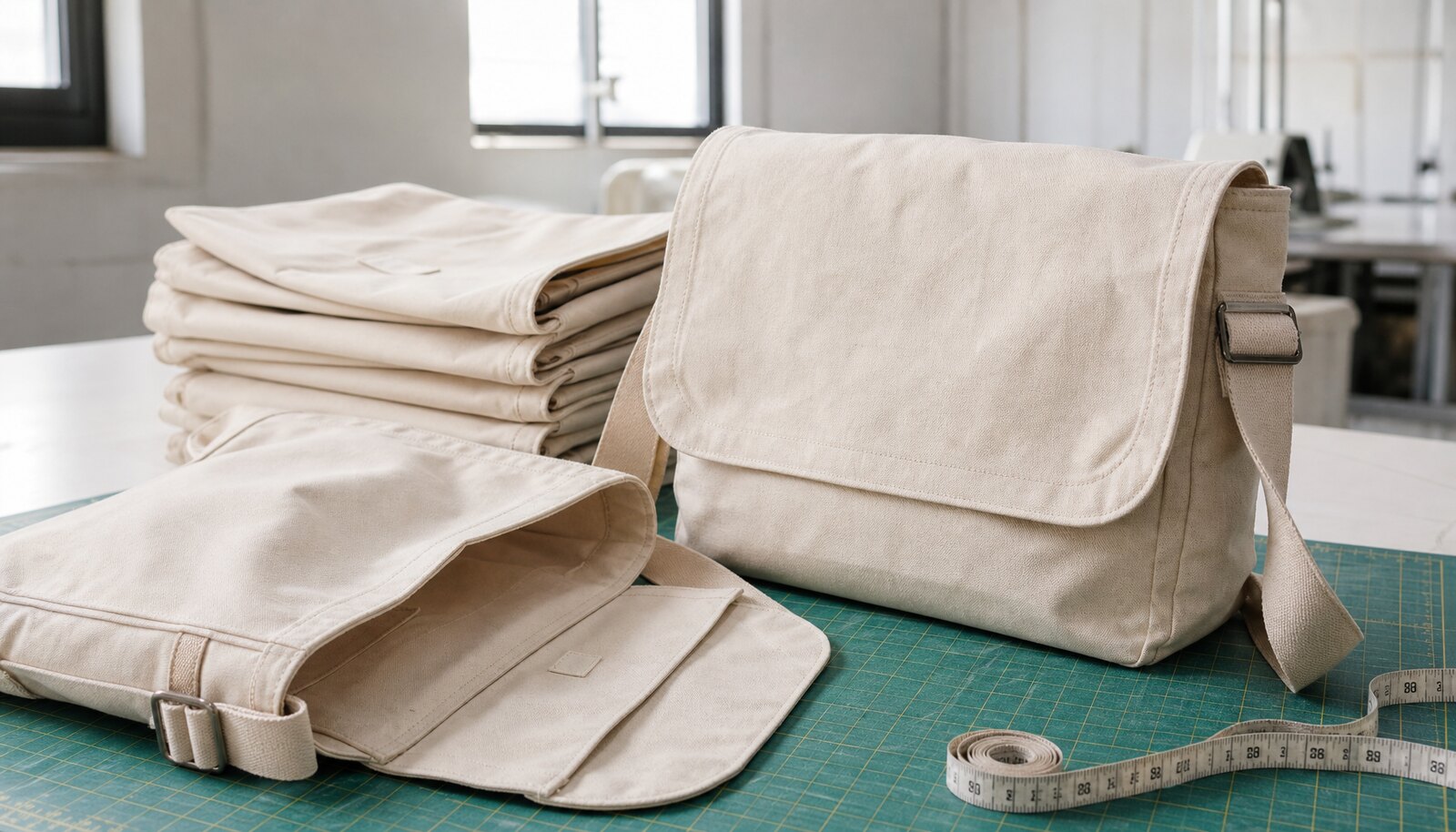 Canvas messenger bag sample in a clean factory sample room