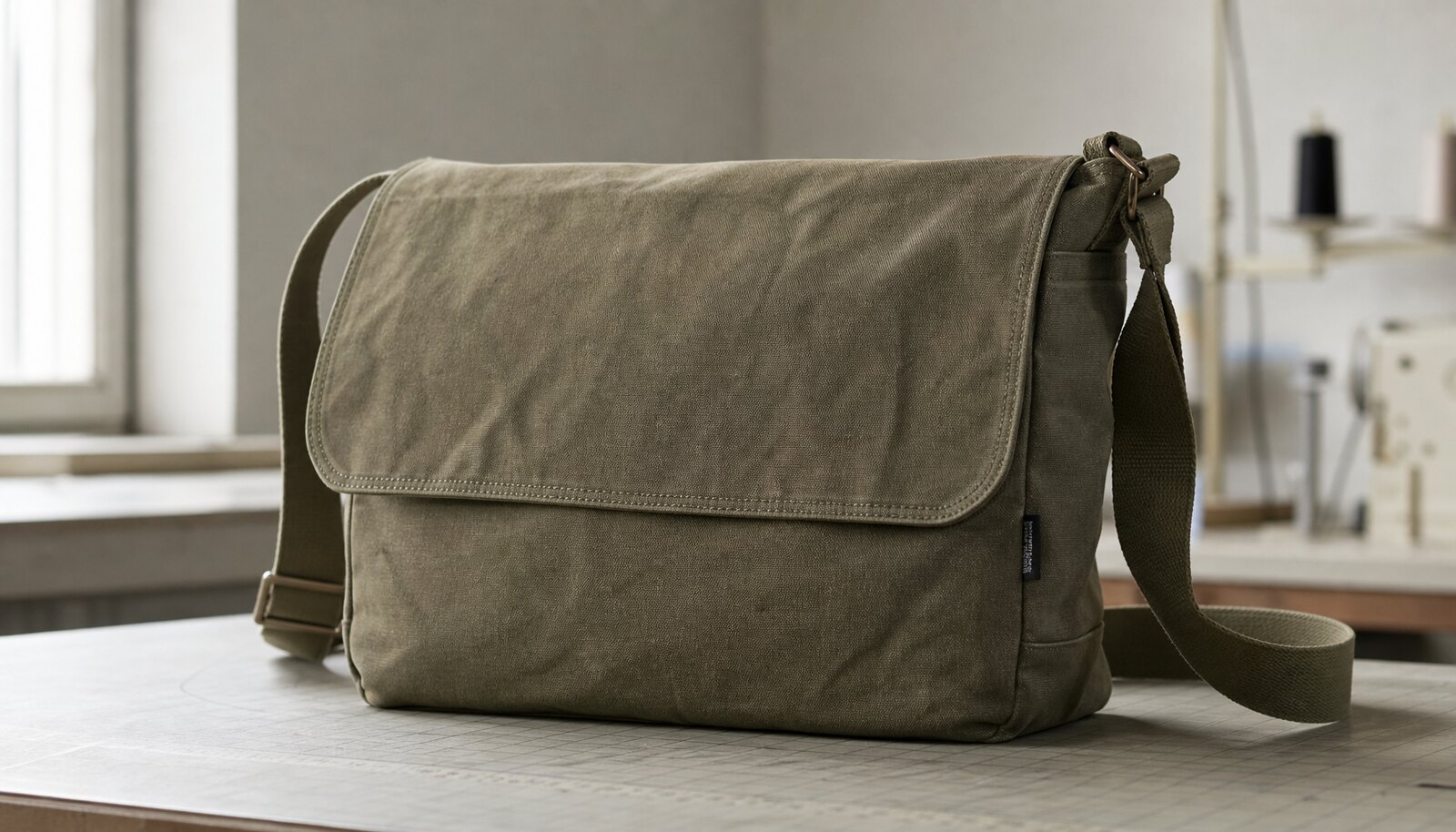 Photorealistic canvas messenger bag with CTM woven side label in a clean factory sample room