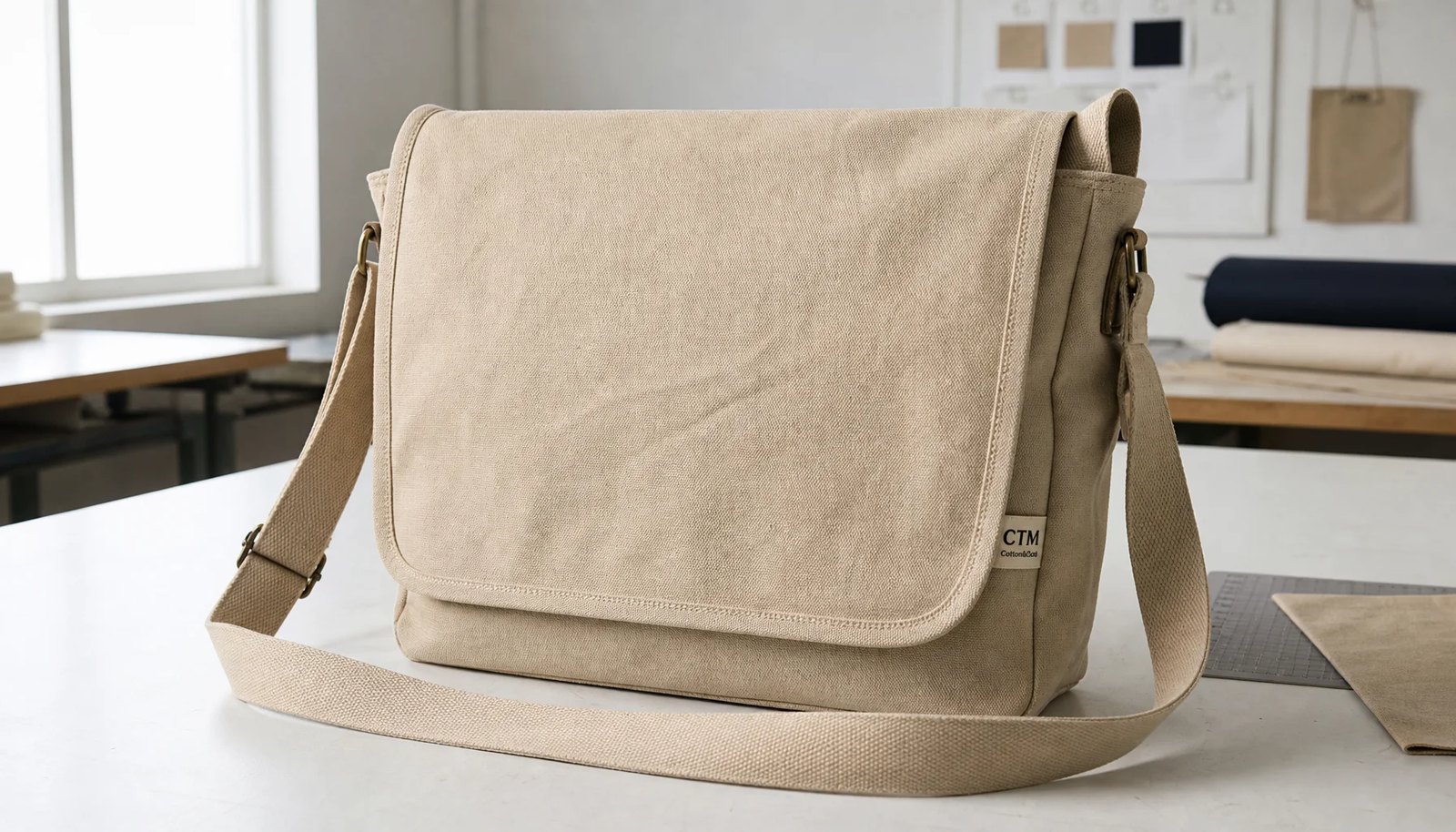 Photorealistic canvas messenger bag with a small CTM side label in a factory sample room