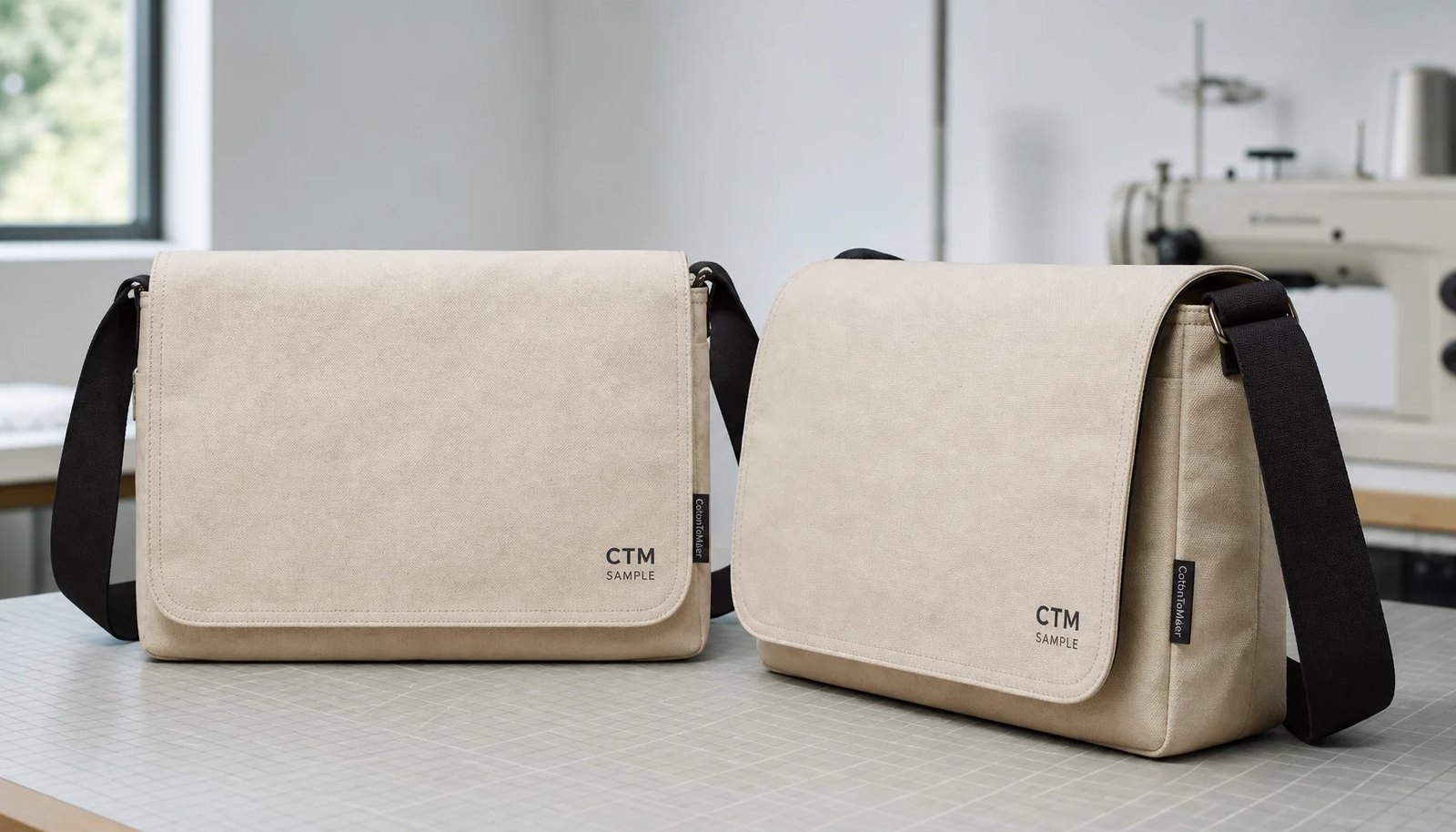 Canvas messenger bag with a CTM sample logo printed on the front panel in a factory sample room.