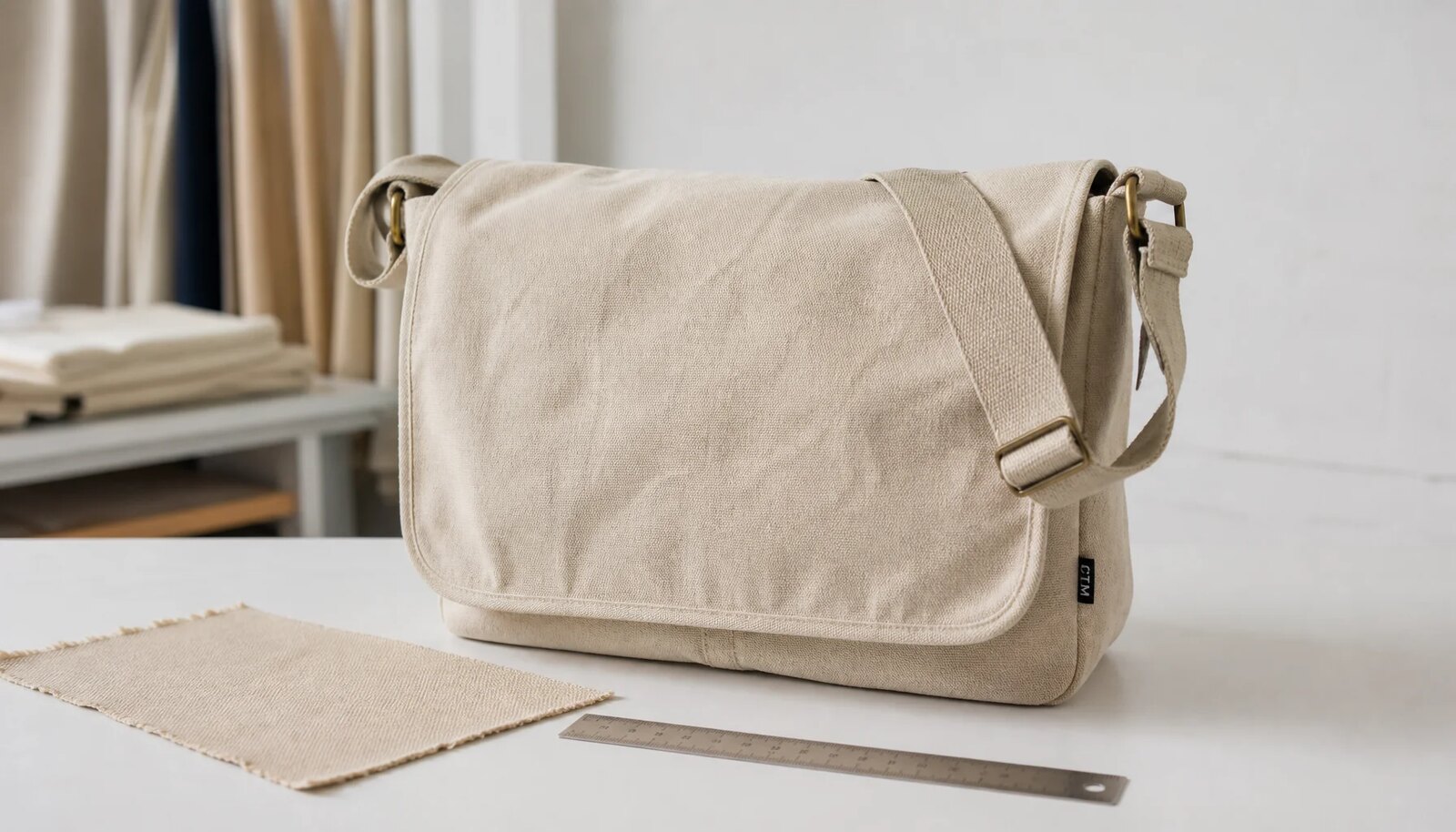 Natural canvas messenger bag with CTM woven side label and material swatches for hotel retail buying review